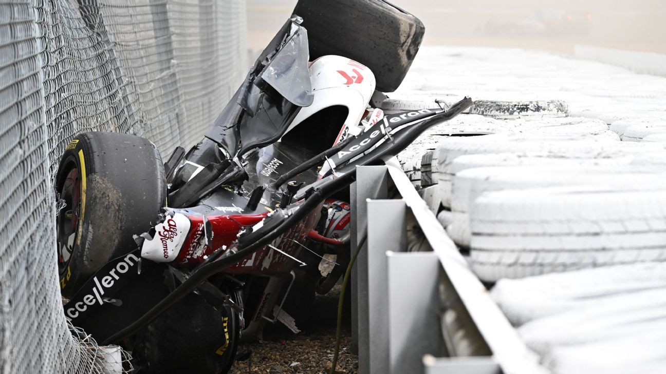Zhou Guanyu's car flips over tire barrier in huge F1 crash