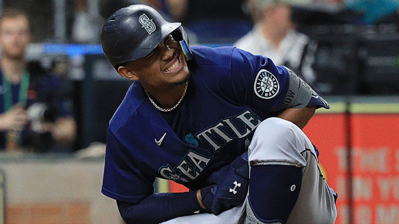 Seattle Mariners' Julio Rodriguez waits for a pitch during an at