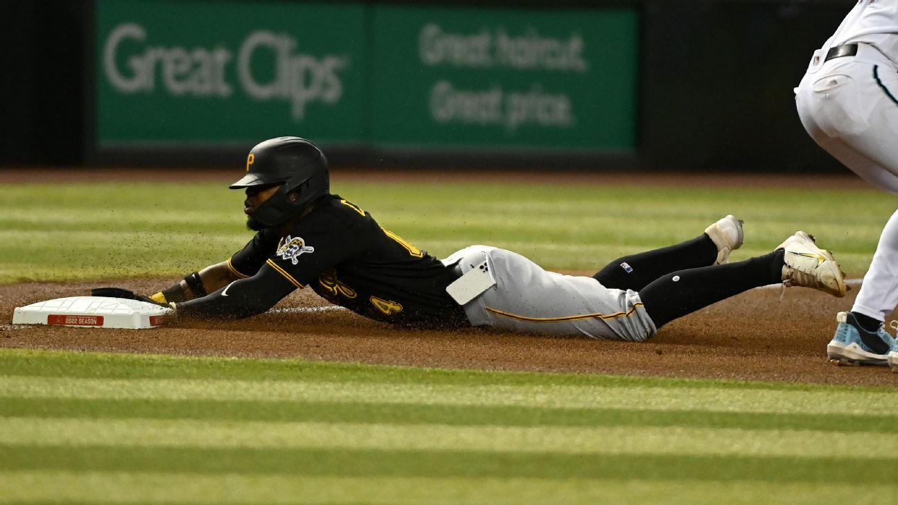Pirates infielder Rodolfo Castro has phone fly from back pocket during slide into third