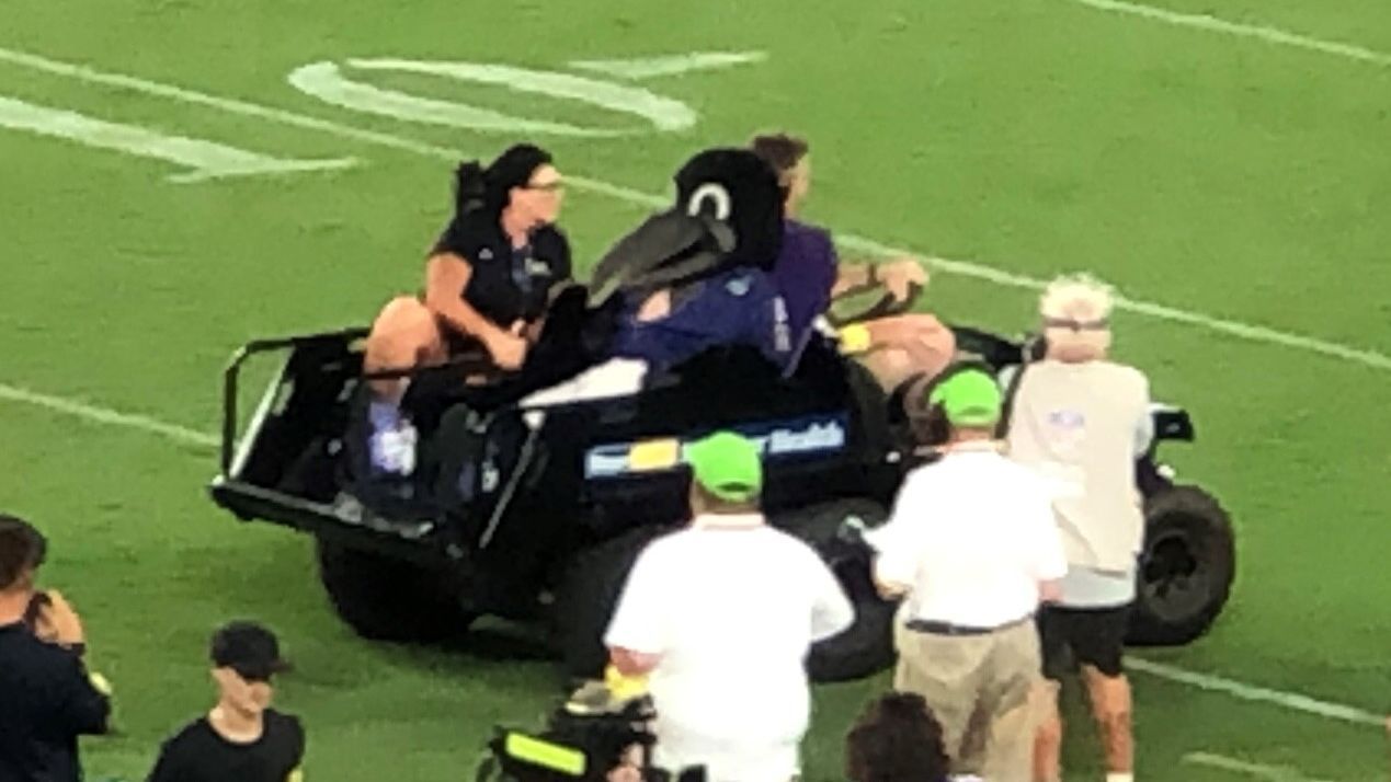Baltimore Ravens mascot, Poe, carted off field after being injured during halfti..