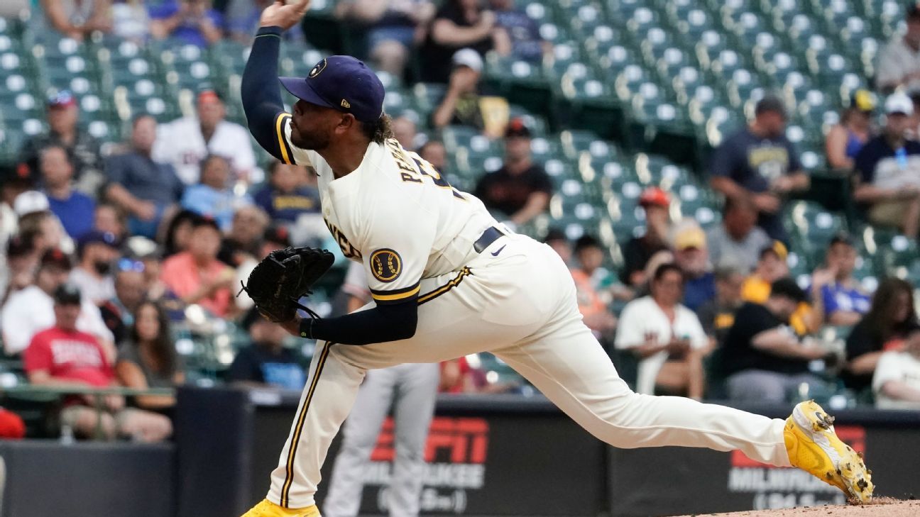 Milwaukee Brewers starting pitcher Freddy Peralta against the Tampa Bay  Rays during the first inning of a baseball game Sunday, May 21, 2023, in  St. Petersburg, Fla. (AP Photo/Chris O'Meara Stock Photo 