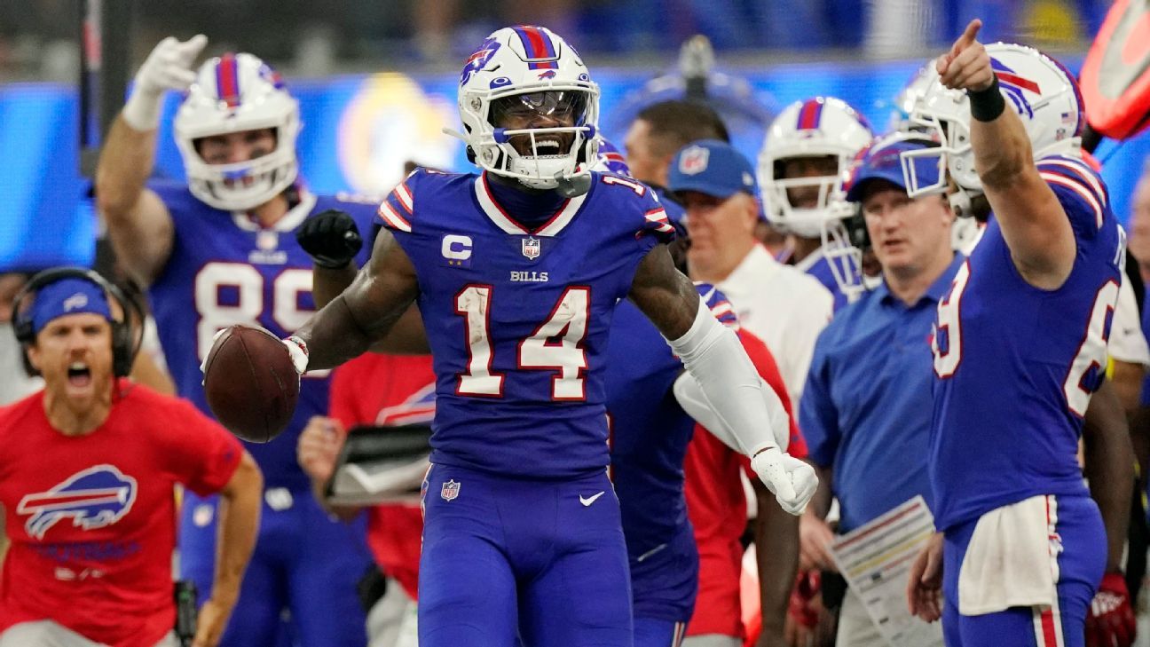 Buffalo Bills wide receiver Stefon Diggs (14) runs off the field after an  NFL football game against the Green Bay Packers, Sunday, Oct. 30, 2022, in  Orchard Park, N.Y. (AP Photo/Bryan Bennett