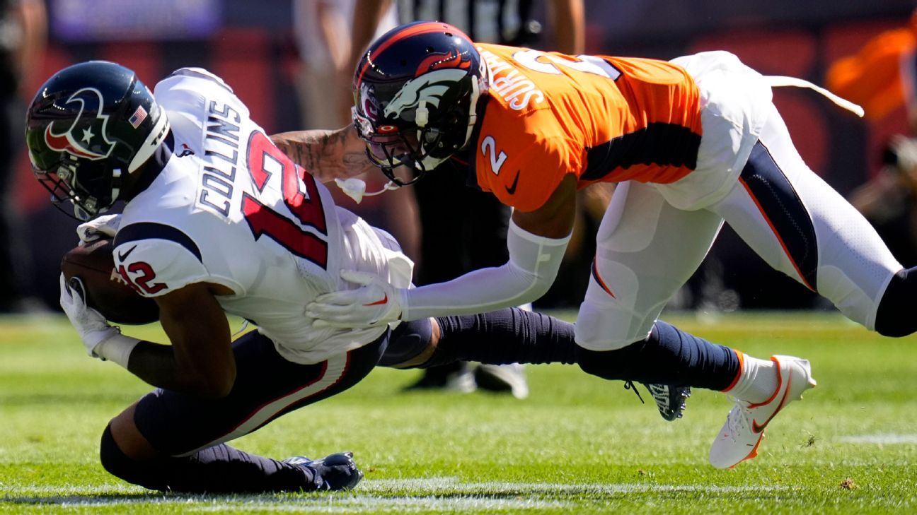 Denver, USA. October 23, 2022: Denver Broncos cornerback Pat Surtain II (2)  drops back in coverage during the second half of the football game between  the Denver Broncos and New York Jets.