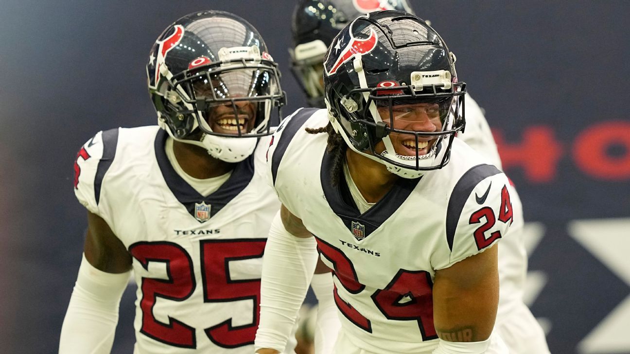 Houston Texans cornerback Jalen Pitre looks on during the NFL