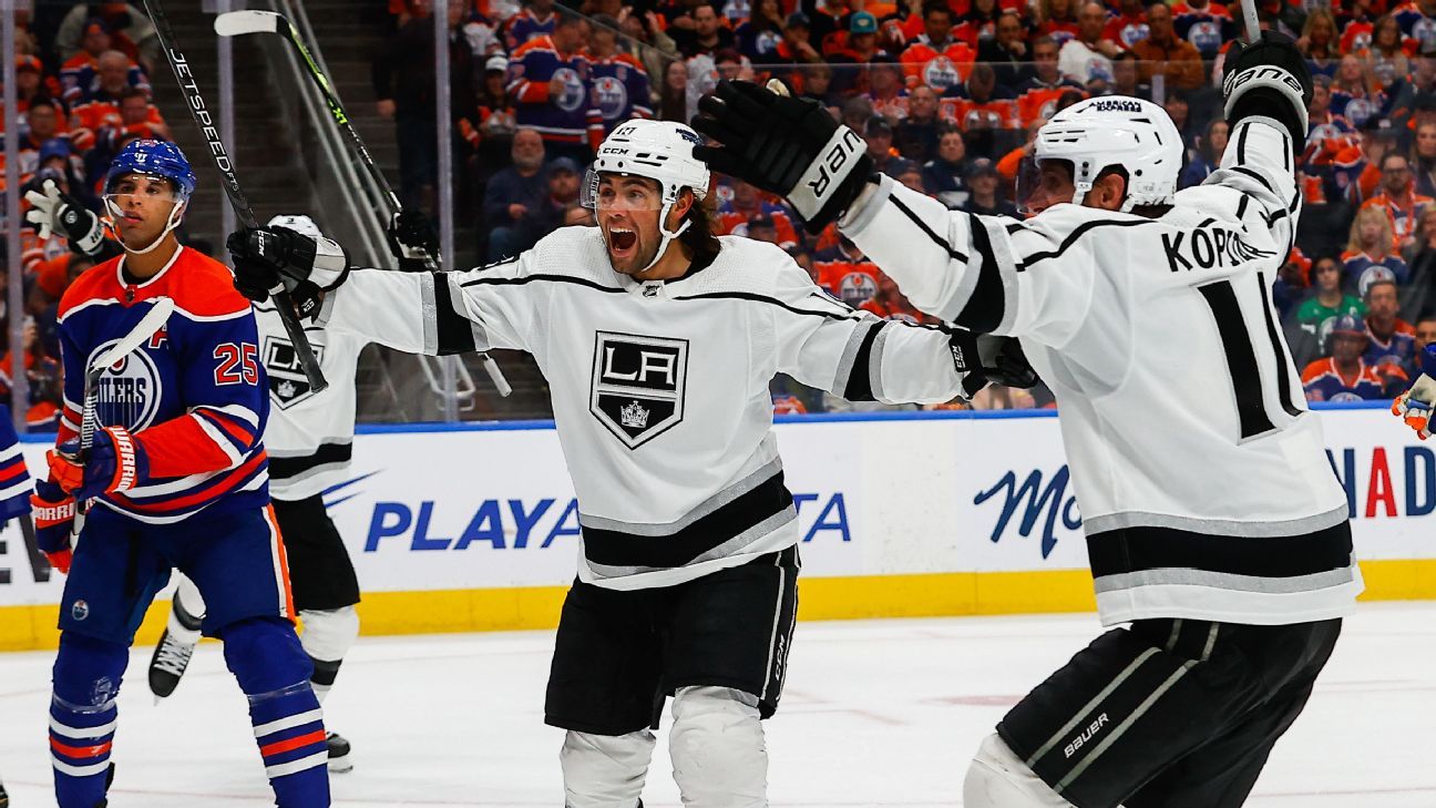 Alex Iafallo of the Los Angeles Kings celebrates his overtime goal