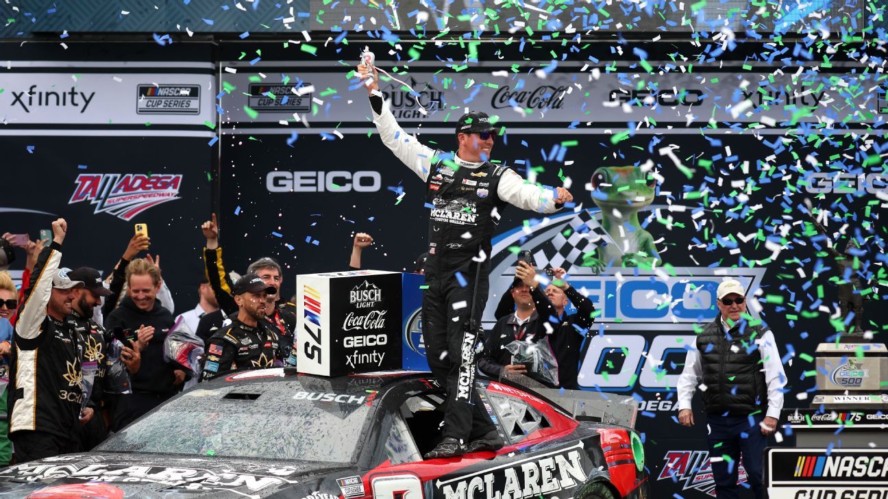Busch barely makes finish in OT win at Talladega