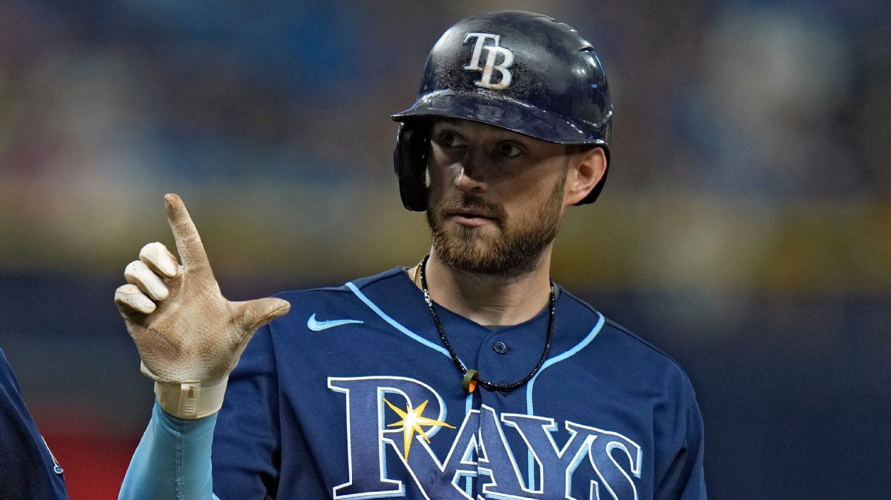 Tampa Bay Rays' Brandon Lowe throws his helmet after striking out