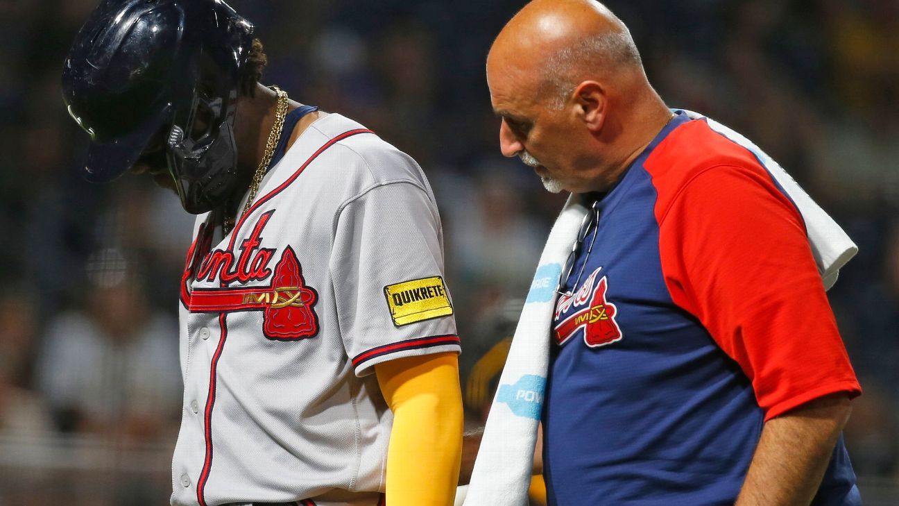 Acuna (elbow) leaves after HBP, X-rays negative