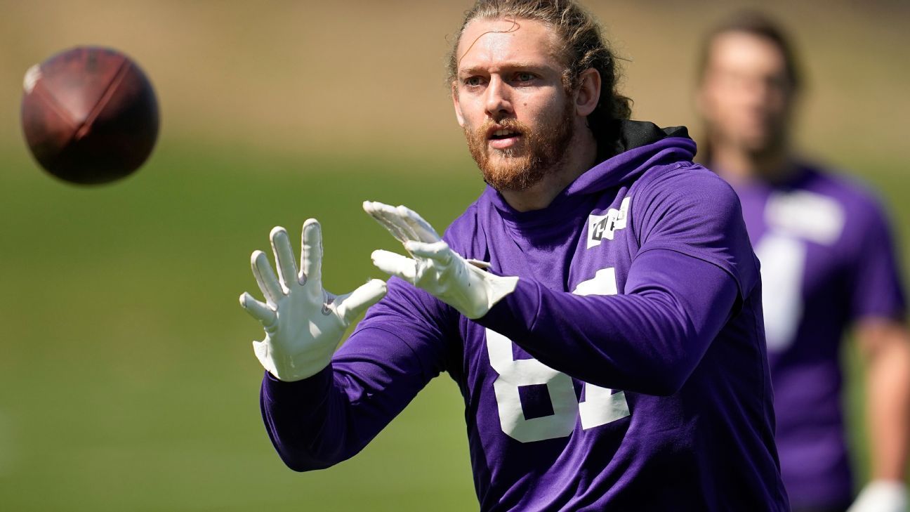 Minnesota Vikings tight end Johnny Mundt (86) looks on during an