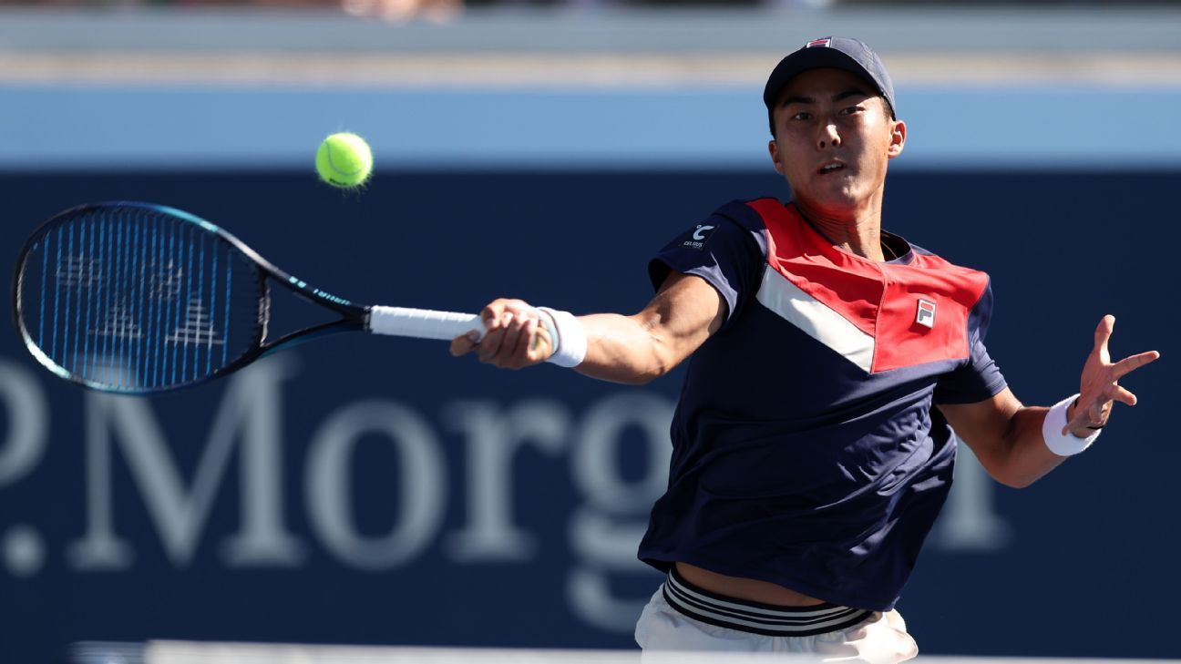 Rinky Hijikata of Australia in action during Day 1 of the Kooyong Classic  Tennis Tournament last match against Zhang Zhizhen of China at Kooyong Lawn  Tennis Club. Melbourne's summer of tennis has