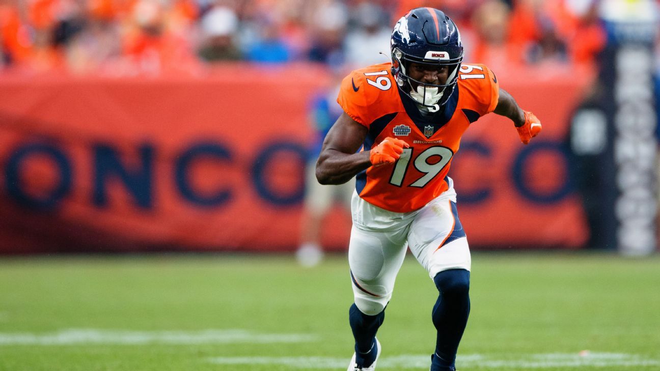 Denver Broncos wide receiver Marvin Mims Jr. (83) warms up before