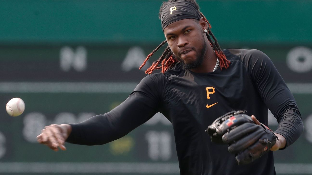 Pittsburgh Pirates' Oneil Cruz visits the dugout during a baseball