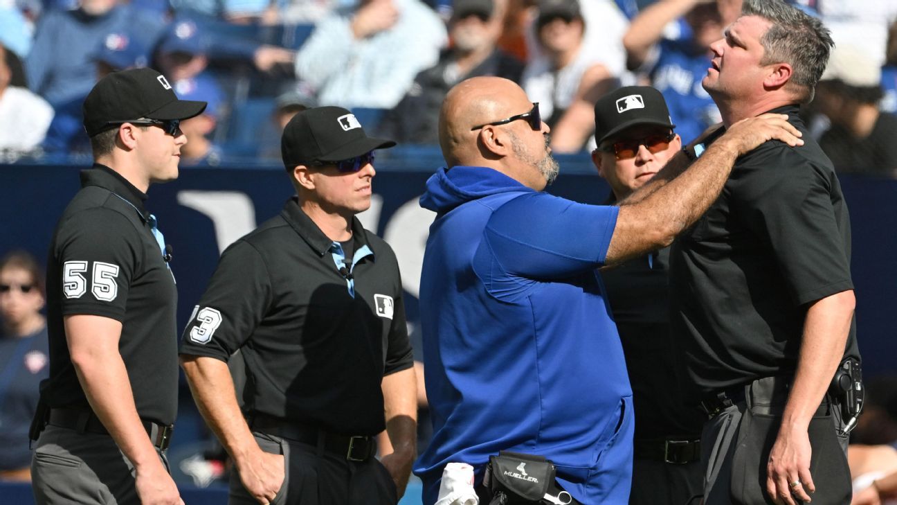 Umpire exits Jays game after being hit by foul tips