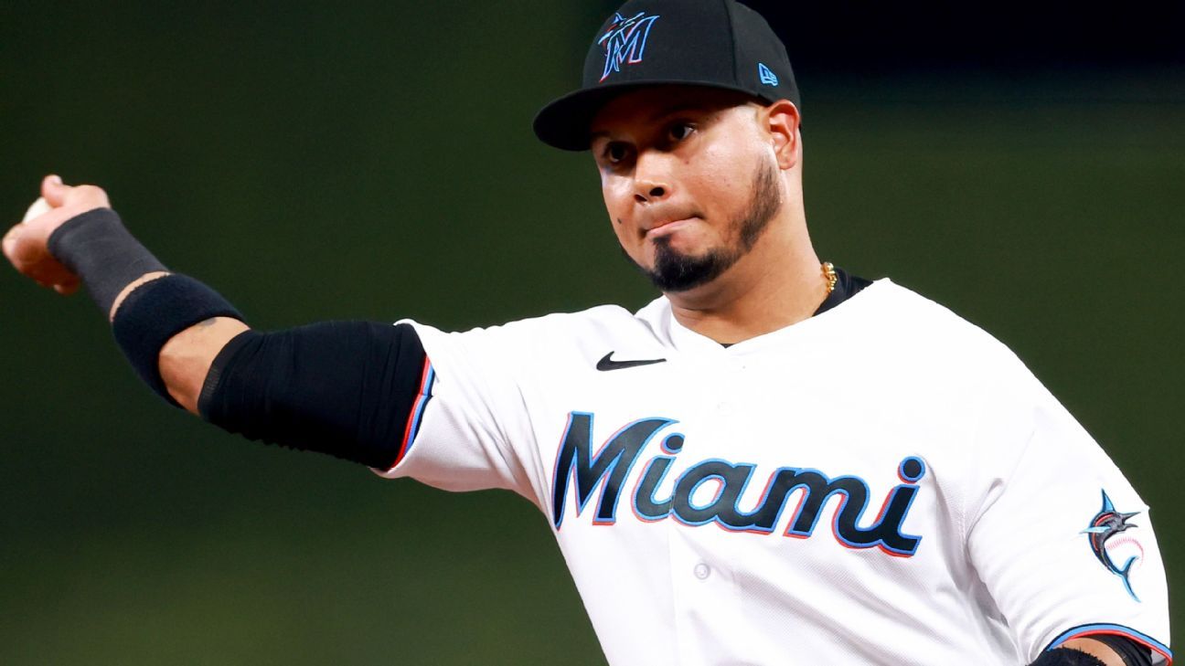 National League's Luis Arraez, of the Miami Marlins stands on