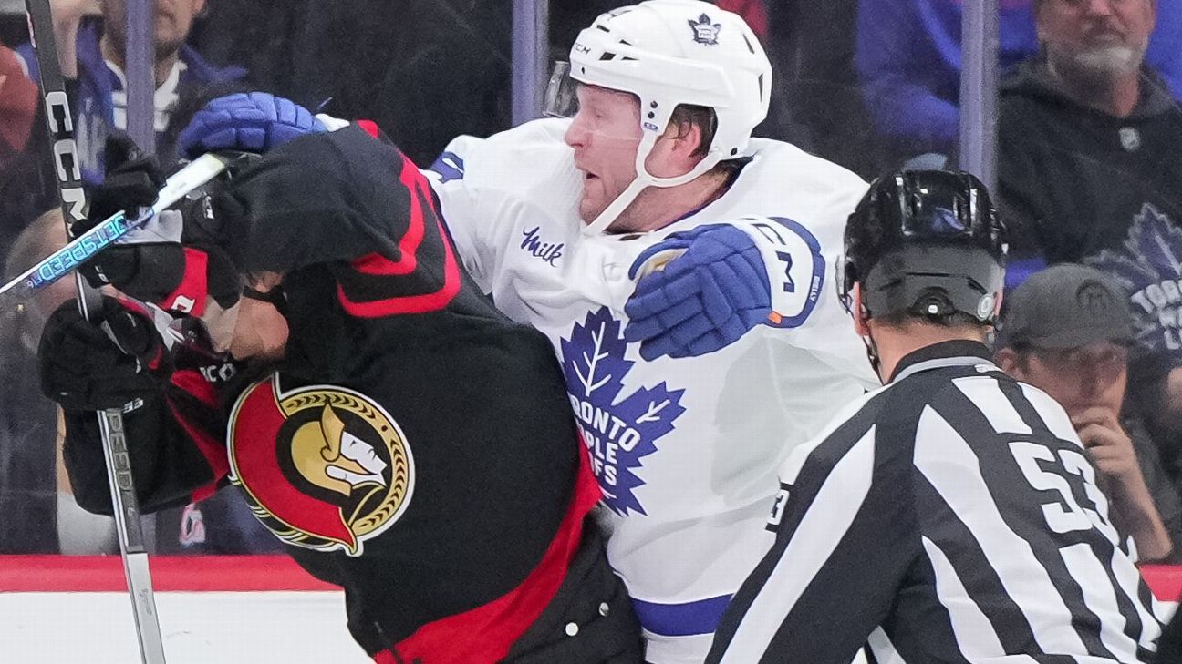 Leafs’ Rielly cross-checks Senators’ Greig after empty-netter