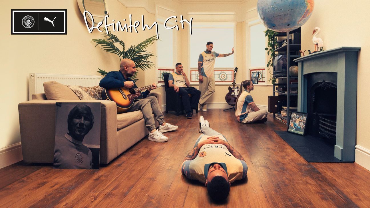 'Definitely City': Pep joins Man City stars to launch new kit by re-creating Oasis album cover