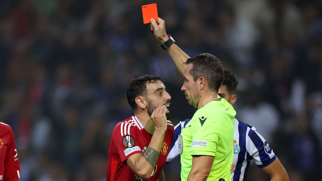 Man United’s Bruno Fernandes was sent off for the second game in a row