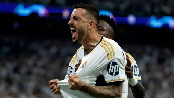 Joselu celebrates his game-winning goal against Bayern Munich