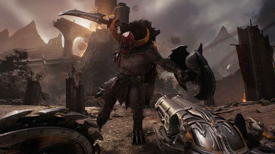 Изображение из игры DOOM The Dark Ages, показывающее Палача Рока со щитом