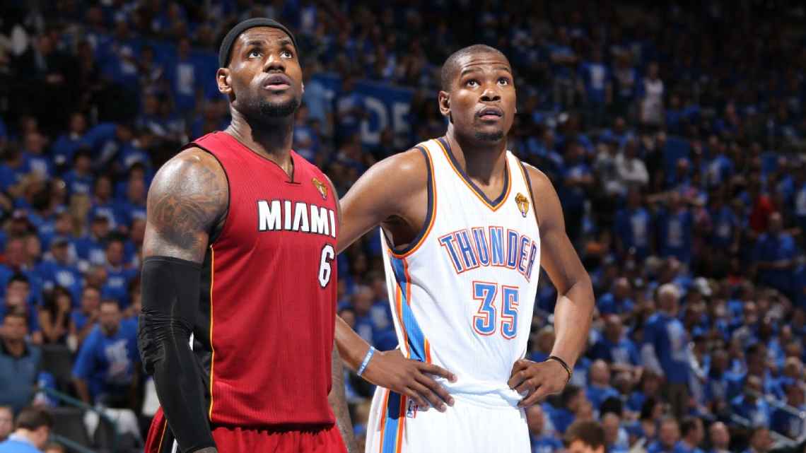 LeBron James guarding Kevin Durant in the 2012 NBA Finals