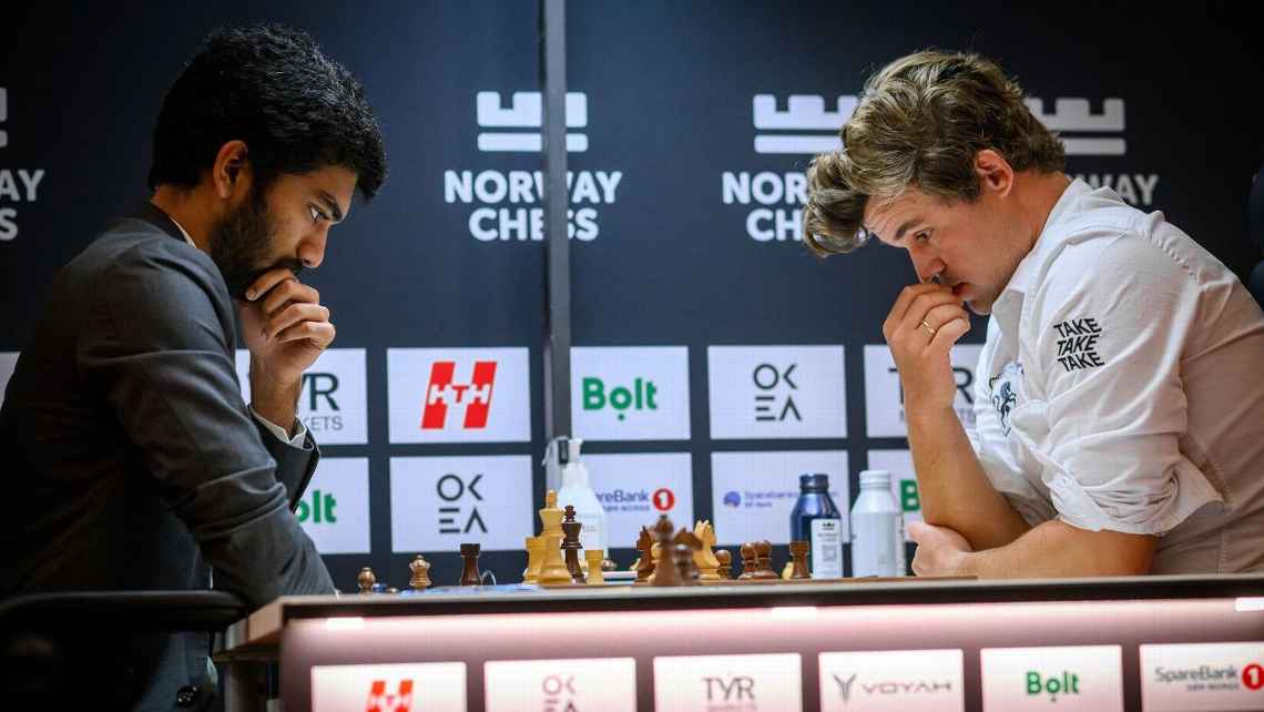Magnus Carlsen and D Gukesh during Norway Chess 2025