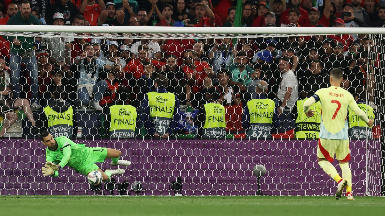 Diogo Costa saves a penalty taken by Álvaro Morata during the penalty shootout at the UEFA Nations League 2025 final.