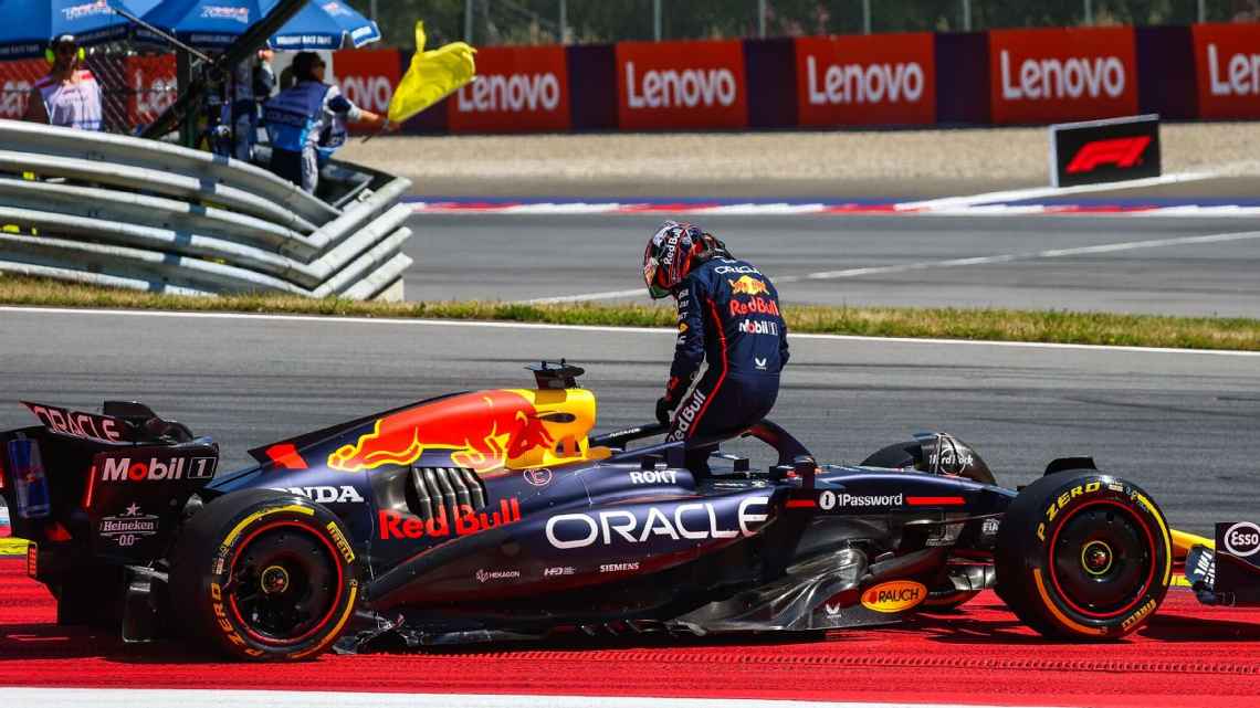 Max Verstappen`s car after colliding with Kimi Antonelli in the Austrian GP