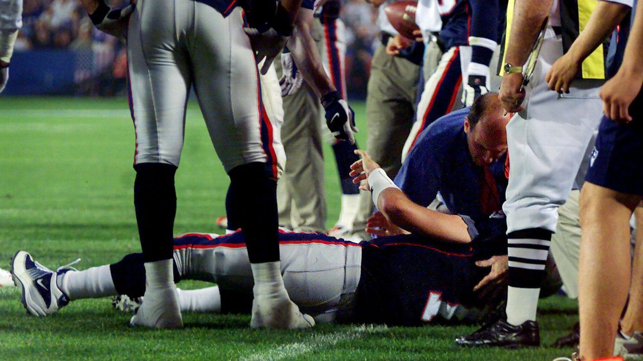 Patriots quarterback Drew Bledsoe was knocked out of the game by Jets linebacker Mo Lewis' late-game hit on Sept. 23, 2021, ushering in the Tom Brady era.
