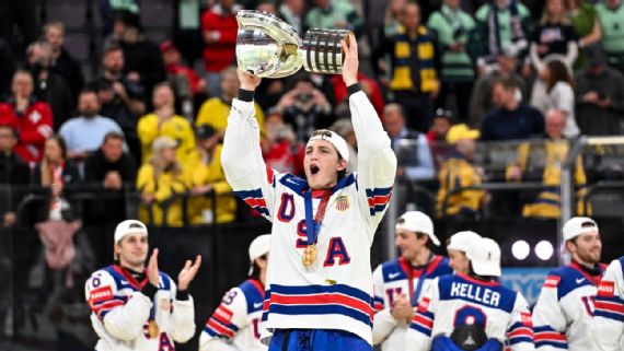 Tage Thompson and Clayton Keller celebrating with the IIHF World Championship trophy.