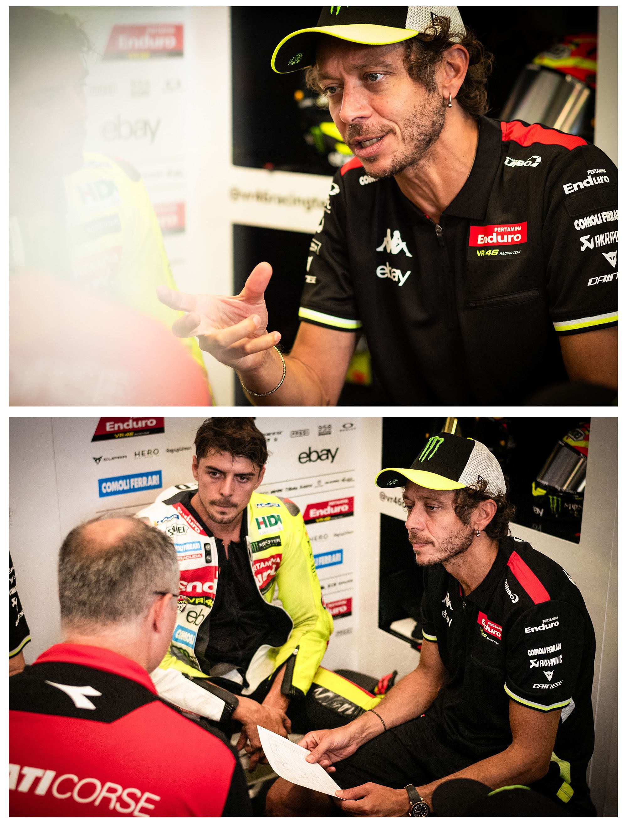 Valentino Rossi debatiendo con Fabio Di Giannantonio y los ingenieros.