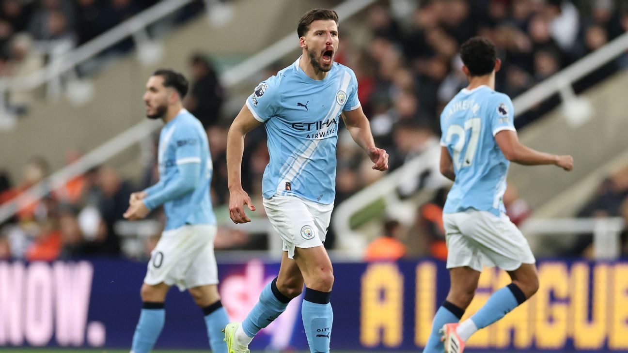 Ruben Dias celebrates scoring for Man City against Newcastle.