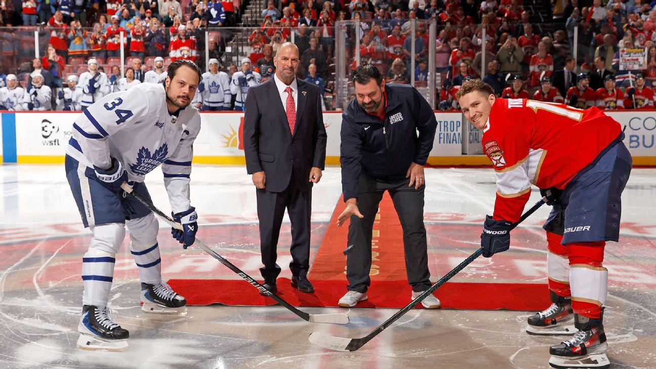 Tkachuk, Matthews celebrate gold with ceremonial puck drop