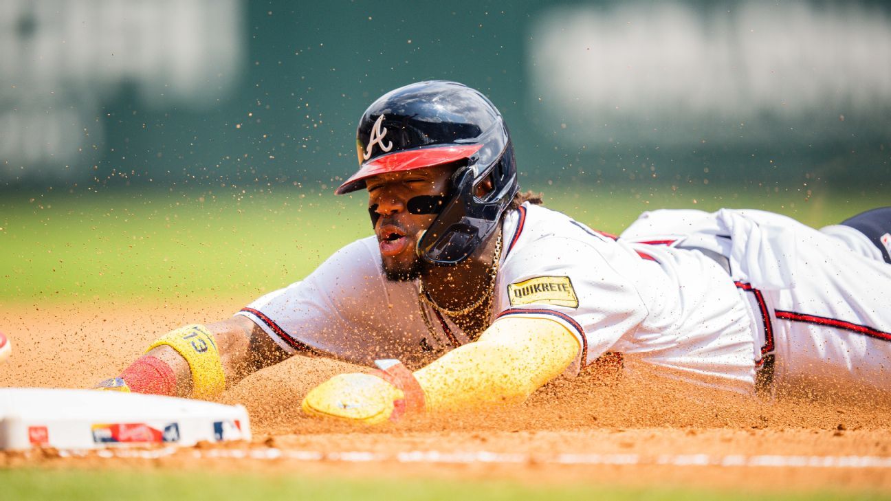 Ronald Acuna Jr. leads the league with 20 home runs, 40 steals and 50 RBIs before the All-Star break.